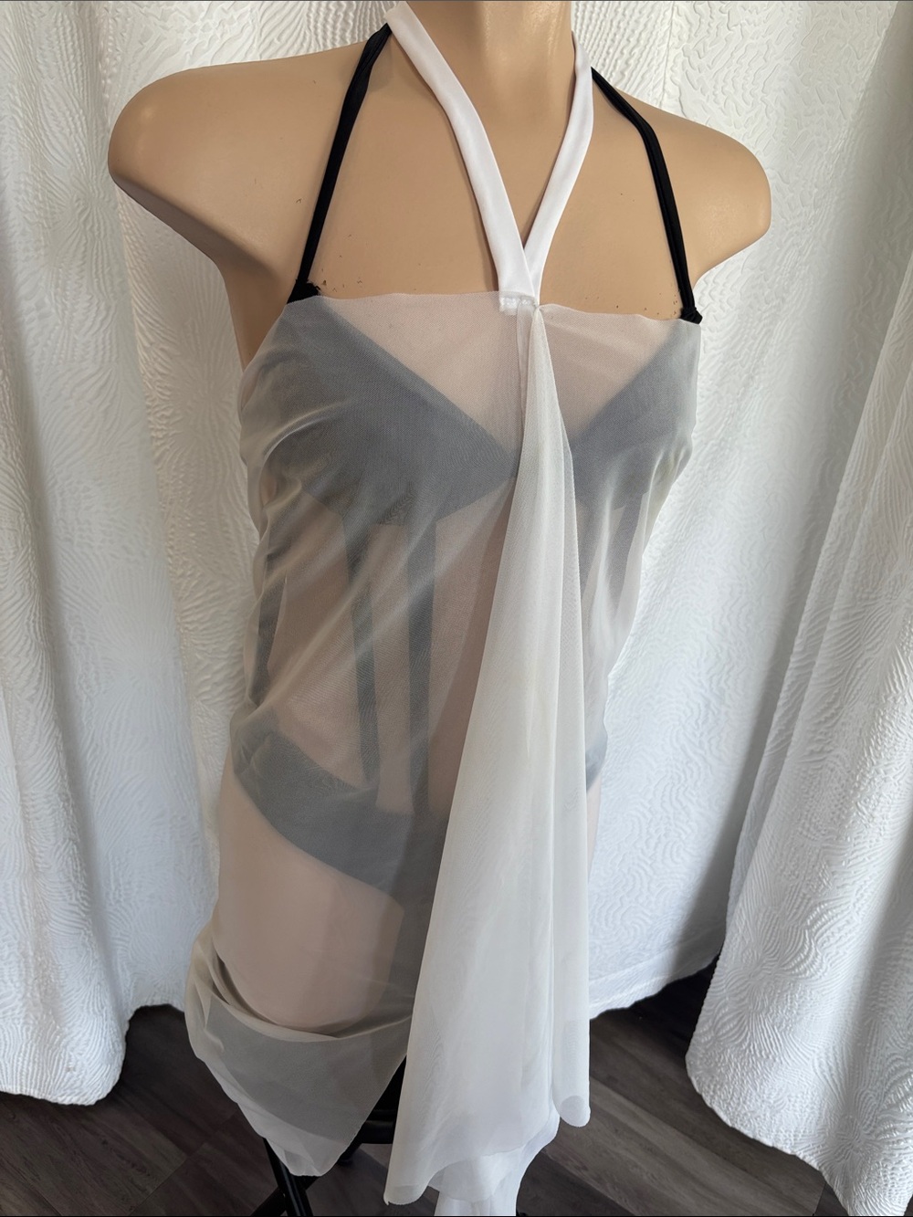 Sheer White Halter Chemise with Black Accents